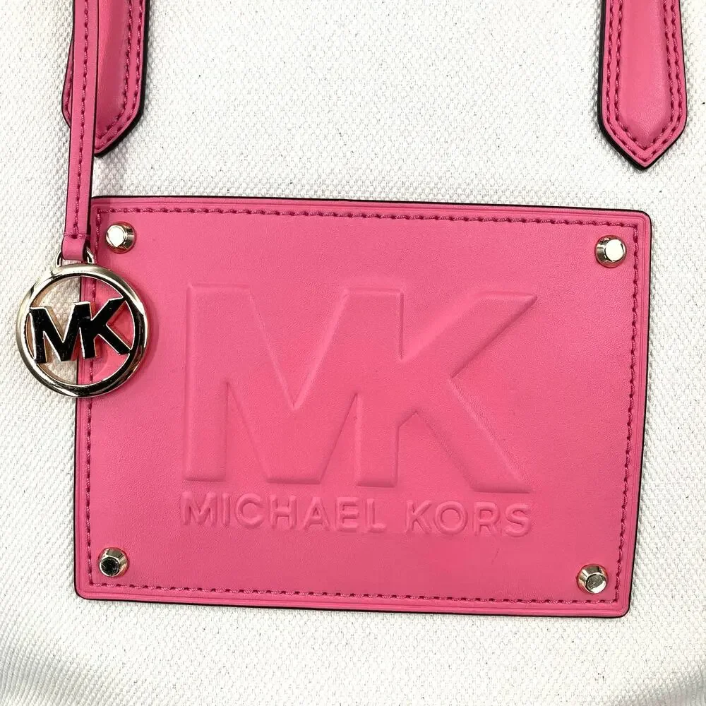 Michael Kors Cream White Pink Shoulder Kimber Large Cotton Canvas Tote Bag Purse